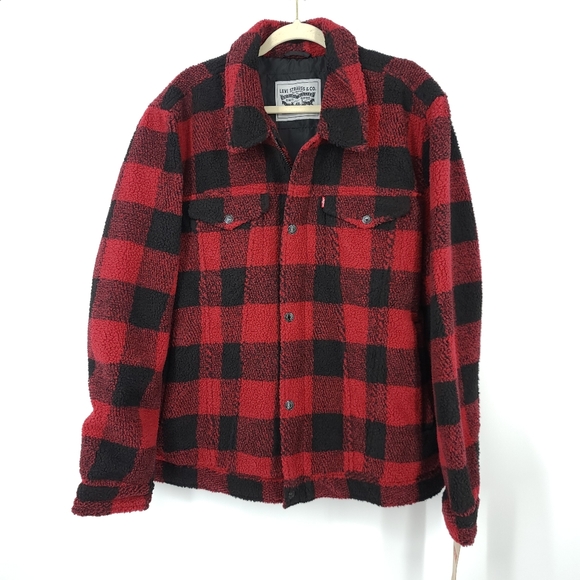 Levis Buffalo Plaid Faux Sheerling Full Zip Jacket Red Black Button Zip Size XXL